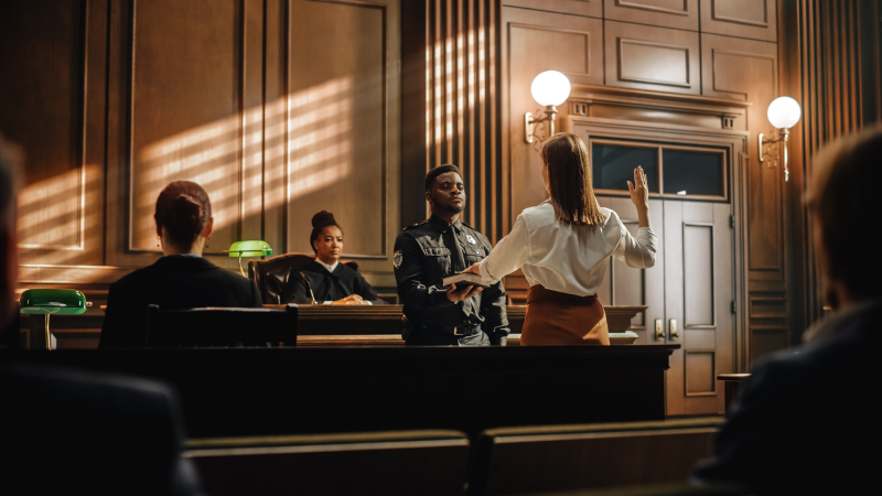 Law and Justice Court Case Witness Solemnly Swears that the Evidence She Shall Give Shall be the Truth and Nothing but the Truth Before Testifying to Lawyers and Judge in Courthouse.