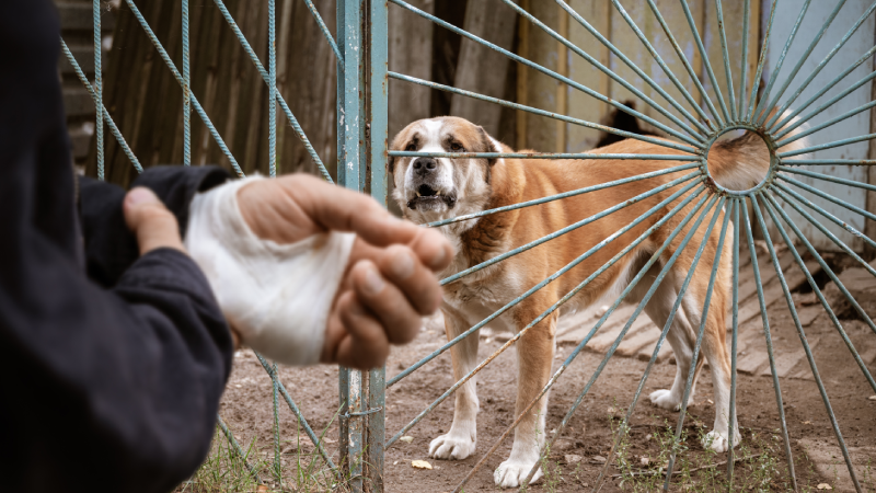 The male dog Alabai bit the man's hand. Bandaged human hand after dog bite Concept of animal care and rabies prevention