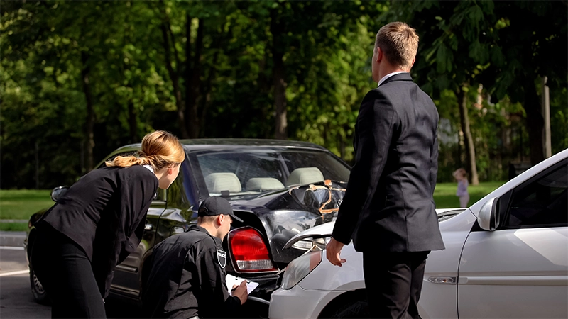 Policeman examining car accident and making notes, male and female drivers road.