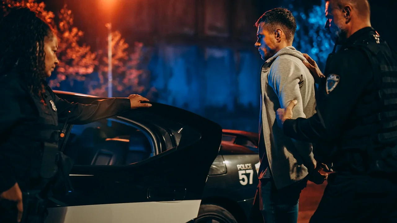 two police officers are seen arresting a young man at night next to a police car, with dramatic red and blue emergency lights illuminating the scene.