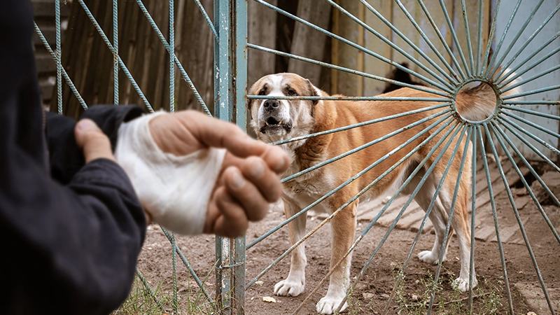 Bandaged human hand after dog bite .