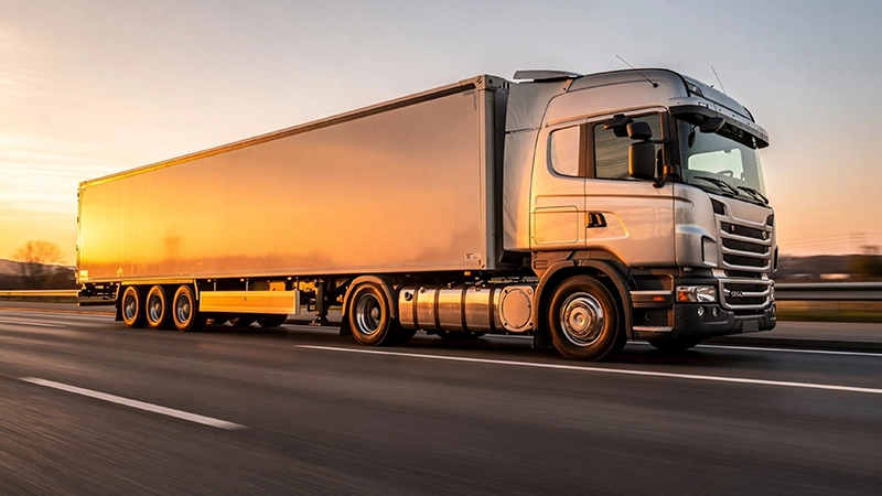 Commercial delivery truck speeding along highway at golden hour.