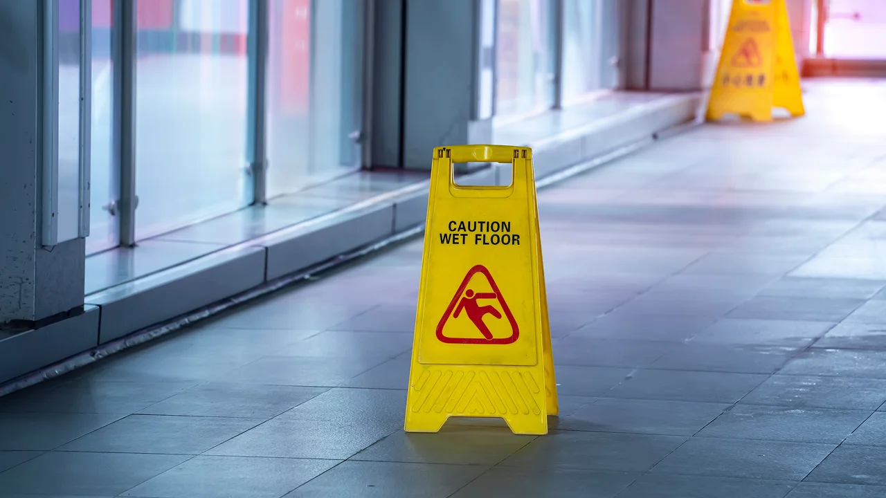 An image of a a yellow plastic "Caution Wet Floor" A-frame sign stands on a smooth, tiled hallway floor near windows, with another blurred sign visible further down the corridor.