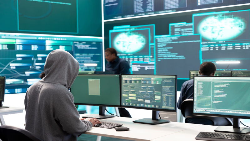 Governmental cyber defense group using advanced technology to steal and protect information, cyber operations in high tech monitoring room.
