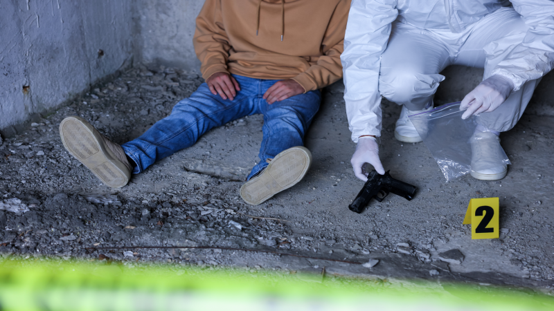 Forensic expert working at crime scene with dead body inside abandoned building,