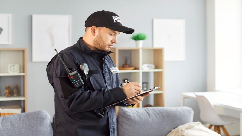 Focused male police officer or detective completes a report and writing on tablet at a crime scene, investigating burglary or theft. Law enforcement conducting a detailed crime inspection and survey.