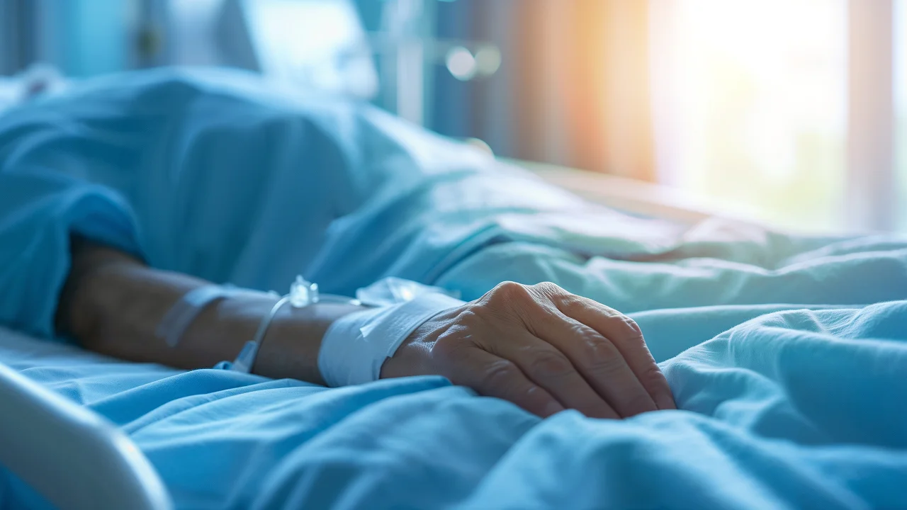 An image of a patient lies in a hospital bed under blue sheets, with an IV line attached to their arm and the focus placed closely on their hand.